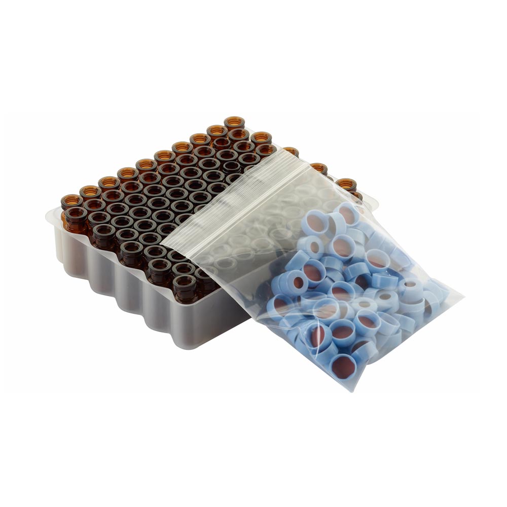 WHEATON 帶扣環E-Z小瓶方便包 棕色瓶帶書寫膜 藍色瓶蓋 PTFE/硅樹脂/PTFE蓋墊 100個/盒