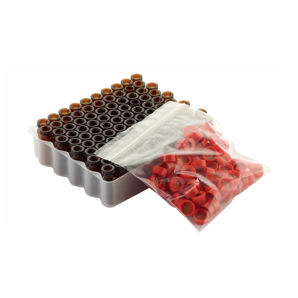 WHEATON 帶扣環E-Z小瓶方便包 棕色瓶 紅色瓶蓋 PTFE/硅樹脂/PTFE蓋墊 100個/盒