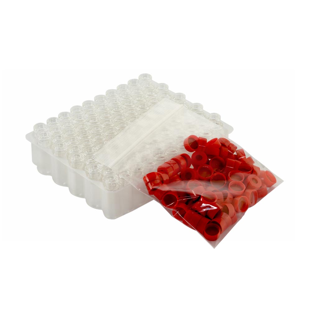 WHEATON 帶扣環E-Z小瓶方便包 無色透明瓶帶書寫膜 紅色瓶蓋 PTFE/硅樹脂/PTFE蓋墊 100個/盒