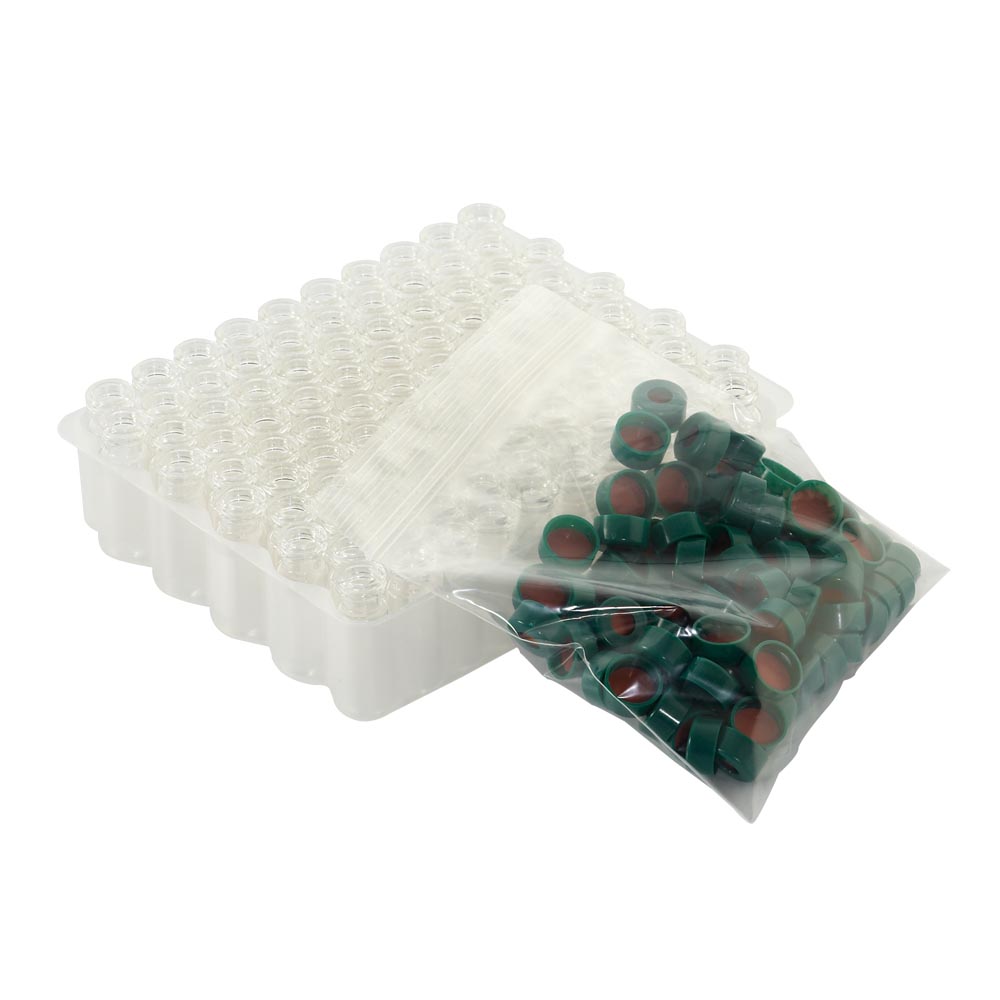 WHEATON 帶扣環(huán)E-Z小瓶方便包 無色透明瓶帶書寫膜 綠色瓶蓋 PTFE/硅樹脂蓋墊 100個/盒