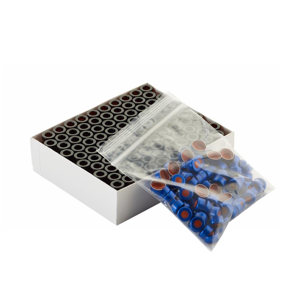 WHEATON 壓蓋小瓶方便包 棕色瓶帶書寫膜 藍色瓶蓋 PTFE/硅樹脂/PTFE蓋墊 100個/盒