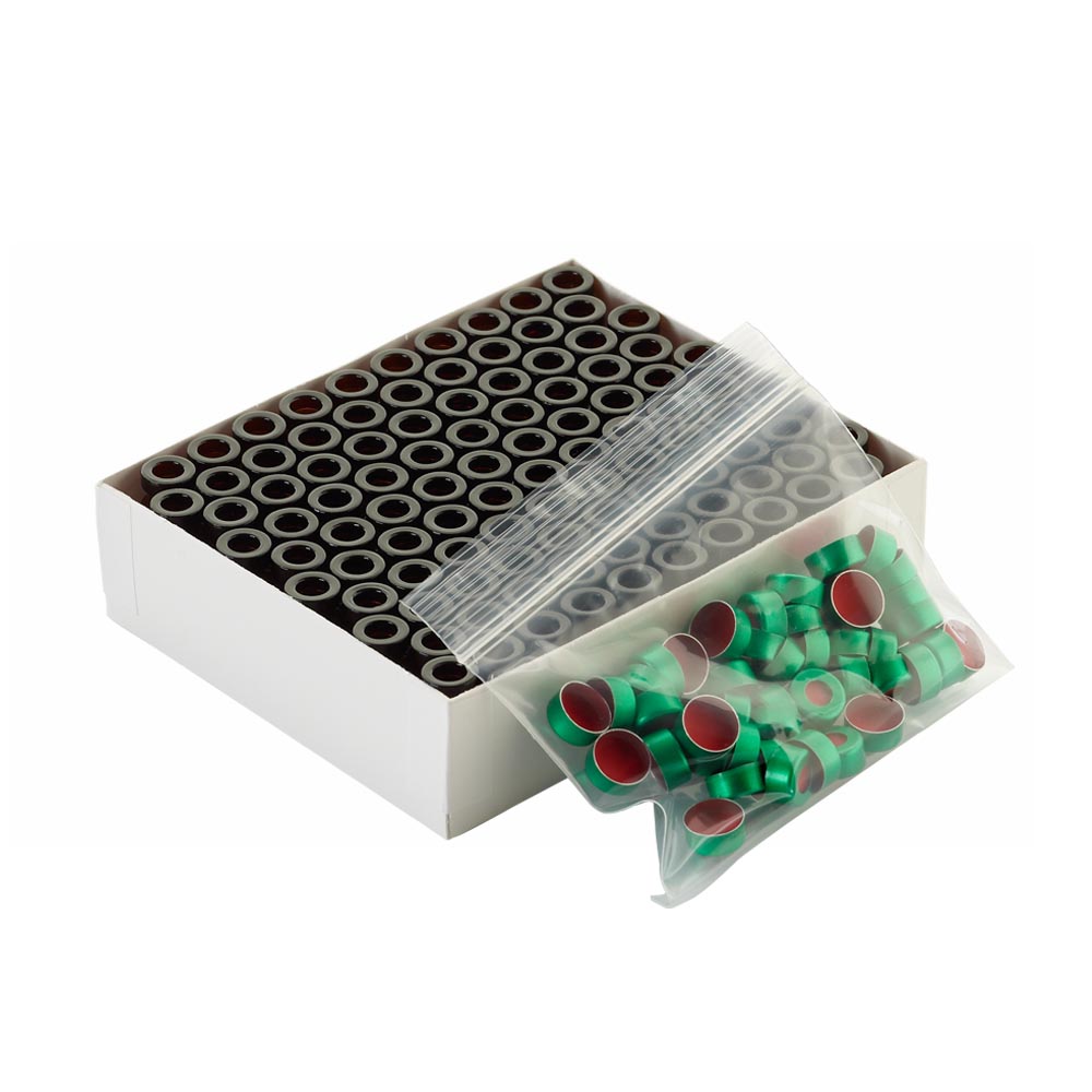 WHEATON 壓蓋小瓶方便包 棕色瓶帶書寫膜 綠色瓶蓋 PTFE/紅色橡膠蓋墊 100個/盒