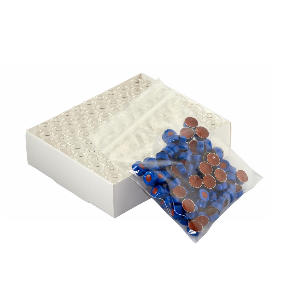 WHEATON 壓蓋小瓶方便包 無色透明瓶帶書寫膜 藍色瓶蓋 PTFE/硅樹脂/PTFE蓋墊 100個/盒