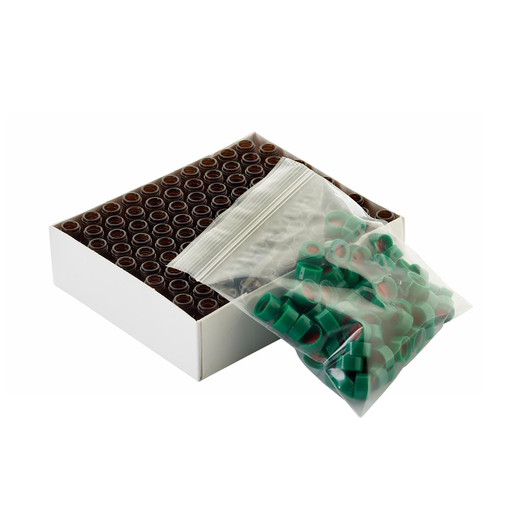 WHEATON 棕色瓶帶書寫膜 綠色瓶蓋 紅色PTFE/白色硅樹脂蓋墊 100個/盒