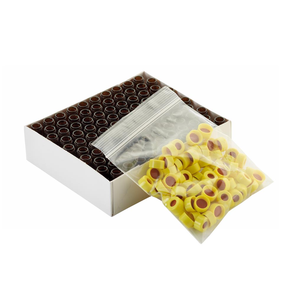 WHEATON 棕色瓶帶書寫膜 黃色瓶蓋 紅色PTFE/白色硅樹脂蓋墊 100個/盒