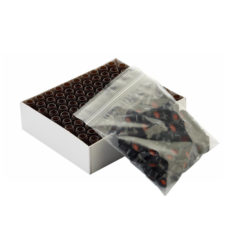 WHEATON 棕色瓶帶書寫膜 黑色瓶蓋 藍色PTFE/白色硅樹脂蓋墊 100個/盒